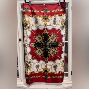 Vintage Baroque Chain Print Satin Scarf – Red, Gold & Black (Large Square)